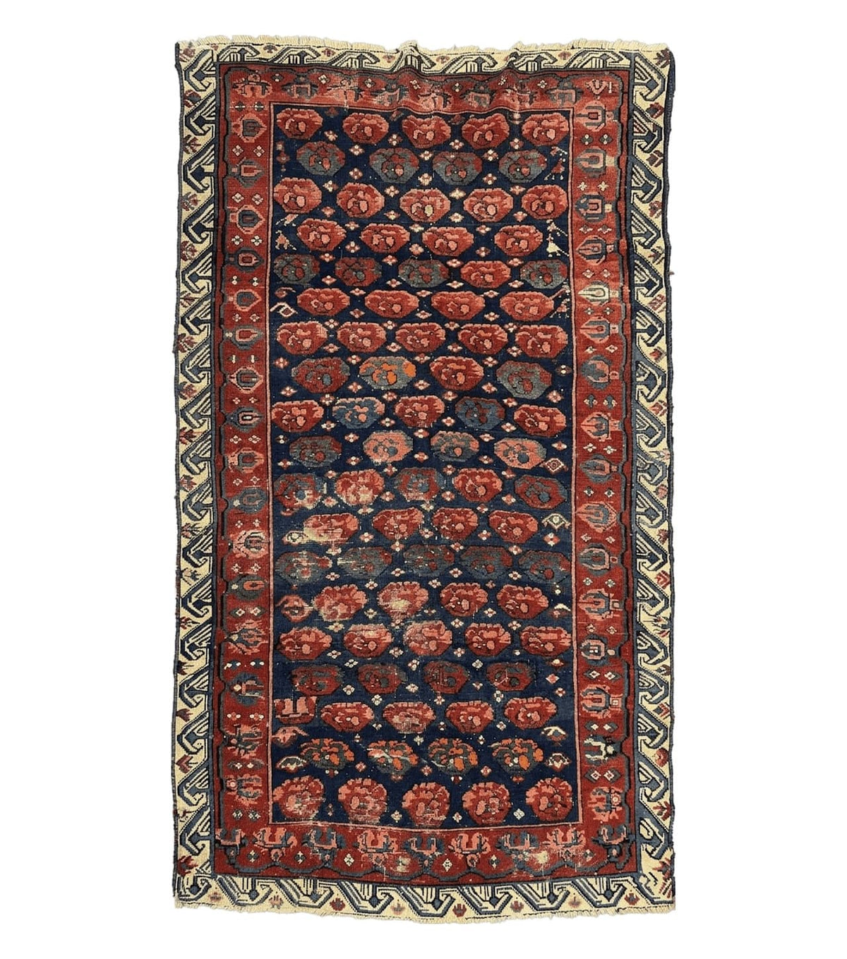 Antique Seychour Rug 4x7, Collectible Kuba Caucasian Carpet, Wool Handmade, Red Navy Blue Cream, Repeated Allover Motif, Early 20th Century - Jewel Rugs