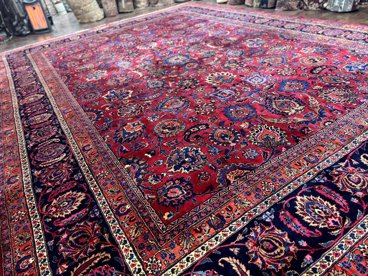 Palace Size Persian Mashad Rug 12x16, Raspberry and Navy Blue, Signature from Master Weaver, Antique Handmade Large Wool Carpet - Jewel Rugs, view 2