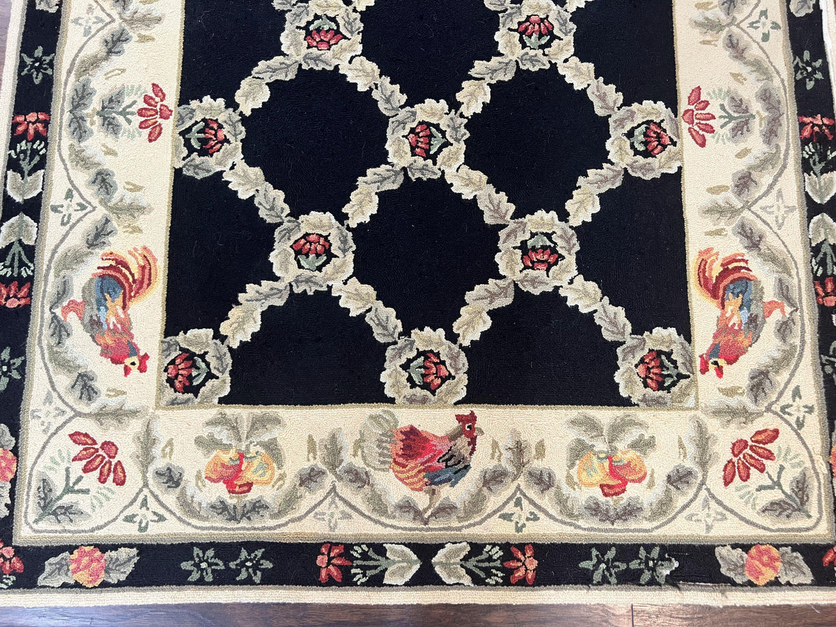 Hooked Rug 5x8, European Aubusson Pattern, Black and Ivory, Roses & Roosters, Vintage Wool Rug - Jewel Rugs, view 6