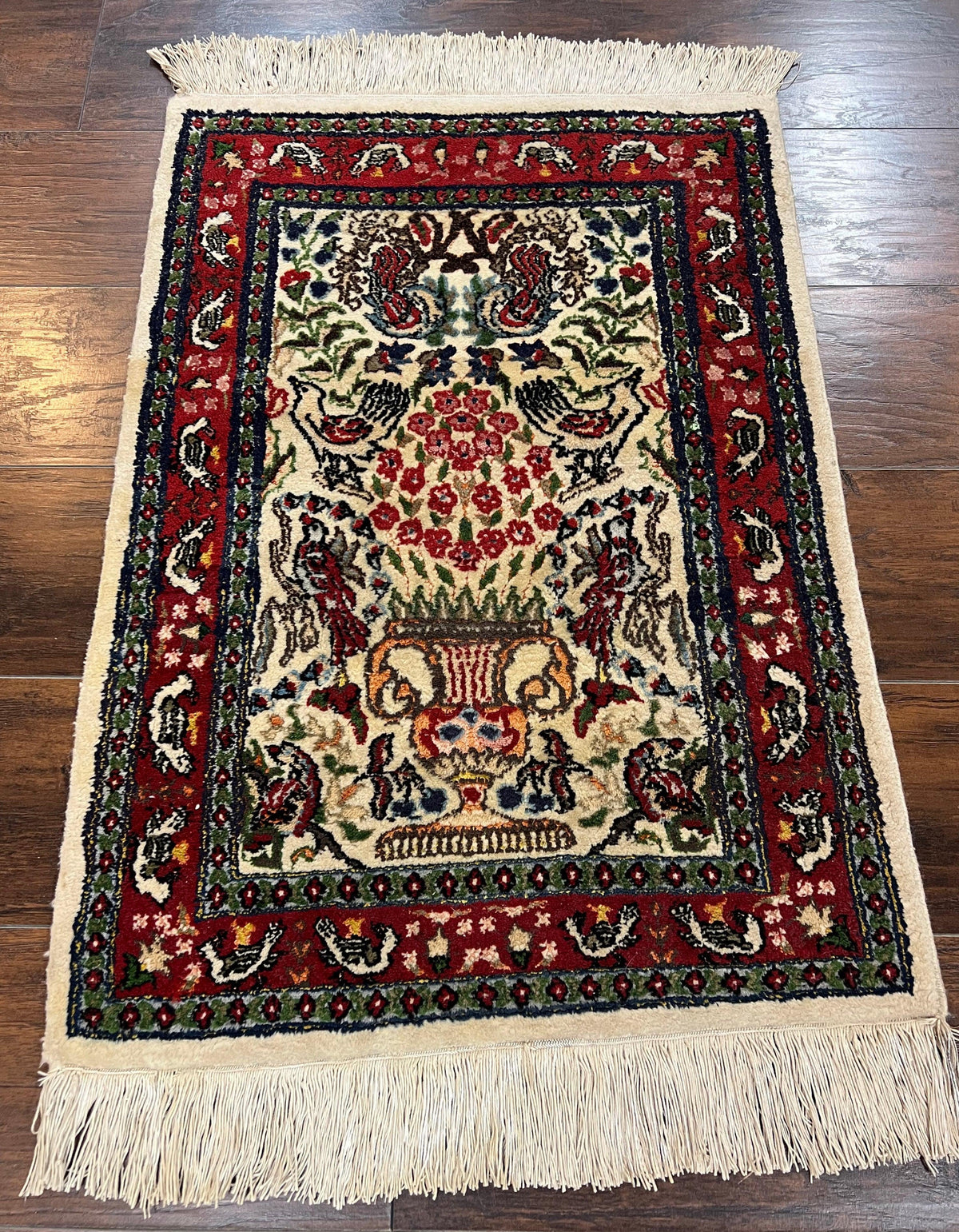 Small Indo Persian Rug 2x3 ft, Wool with Silk Highlights, Animal Pictorials, Birds - Jewel Rugs
