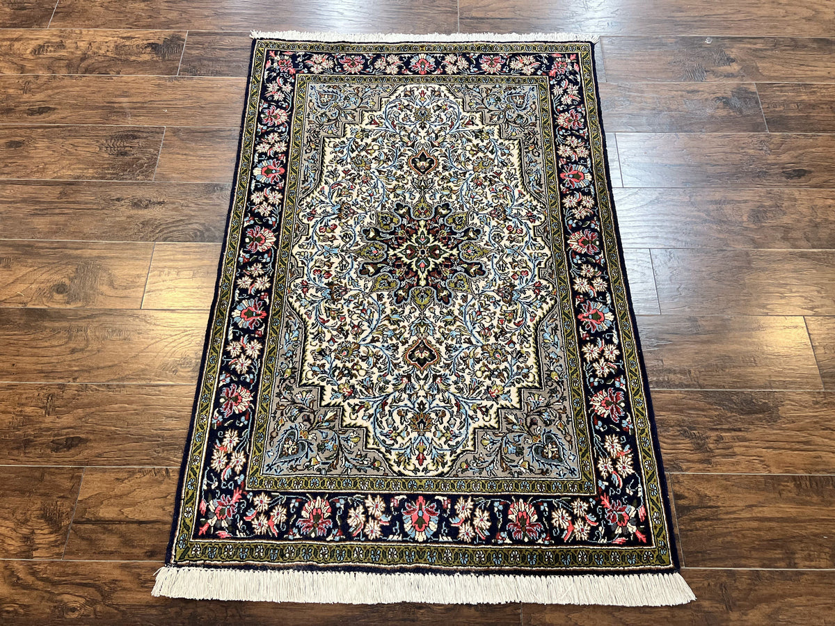 Persian Qum Rug 3x5, Wool with Silk Highlights, Handmade Semi Antique Carpet, Ivory & Navy Blue, Floral Medallion, Finely Hand Knotted - Jewel Rugs, view 2