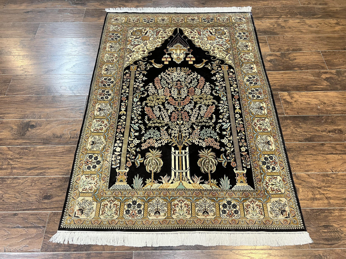 Wonderful Sino Persian Silk Rug 4x6, Tree of LIfe Design, Masterpiece 575 KPSI, Birds, Prayer Rug, Black, Silk on Silk - Jewel Rugs, view 11