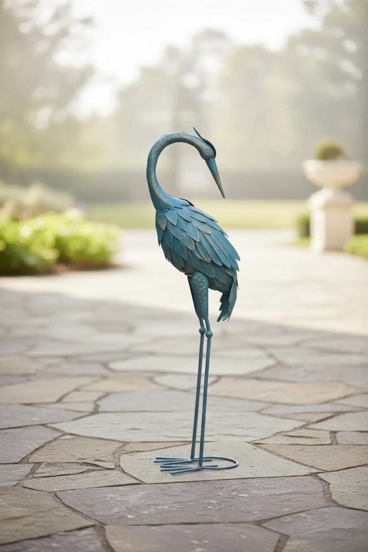 Blue Metal Crane Garden Statue Outdoor Sculpture