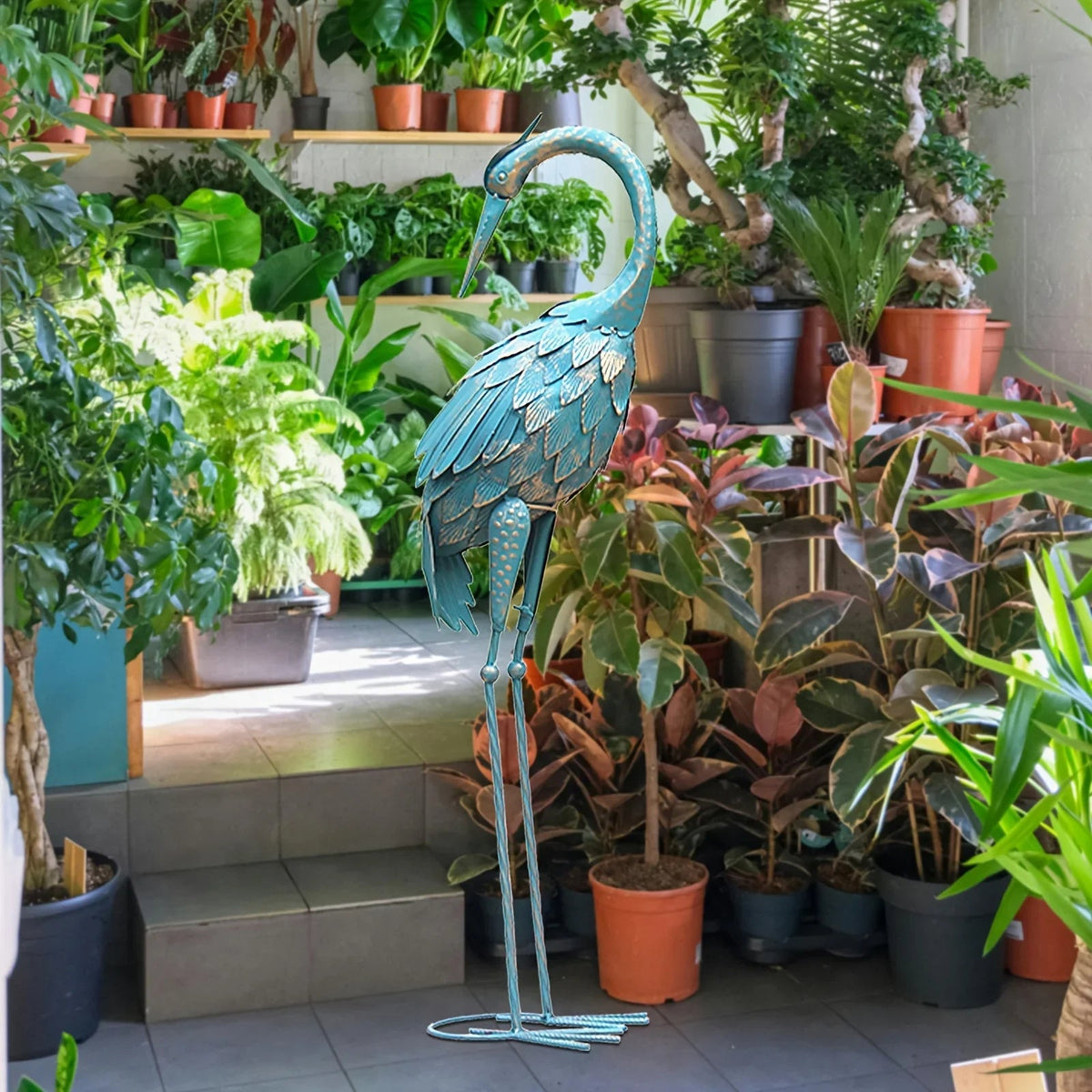 Blue Metal Crane Garden Statue Outdoor Sculpture