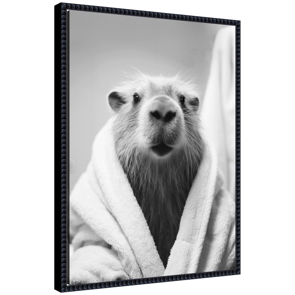 Sylvie Capybara Bathroom Art Towel Robe Black and White Framed Canvas by The Creative Bunch Studio