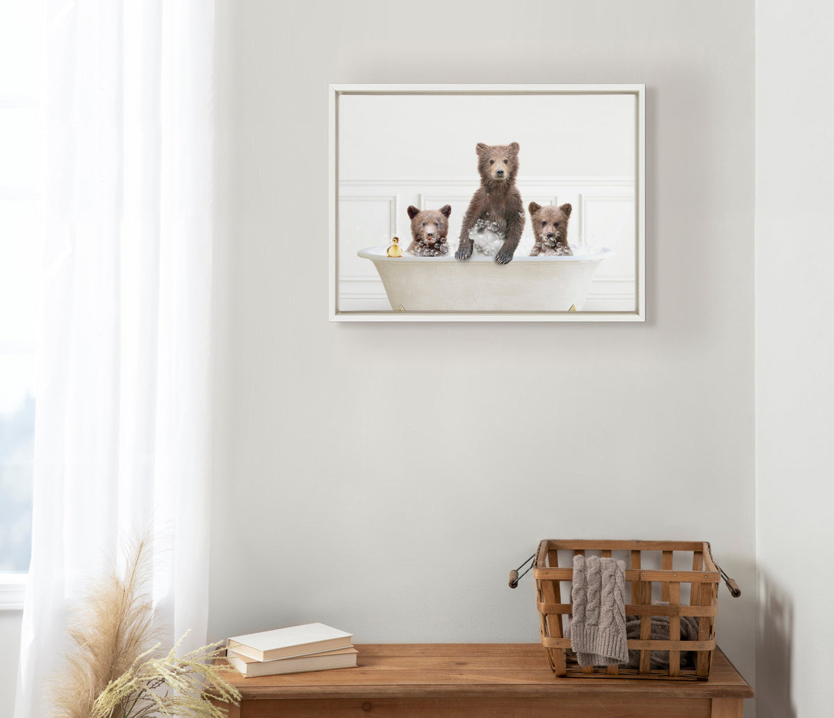 Sylvie Three bears In Bubble Bath Neutral Style Framed Canvas by Amy Peterson Art Studio