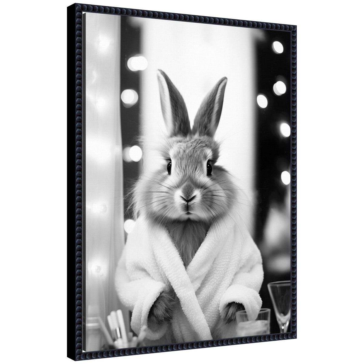 Sylvie Bunny Glam Bathroom Art Towel Robe Black and White Framed Canvas by The Creative Bunch Studio