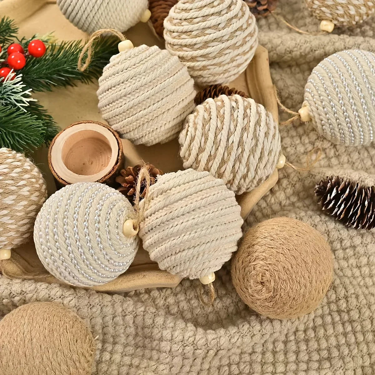 Brown Christmas Ball Set 12pcs with Wooden Clips 3.15-inch Rope