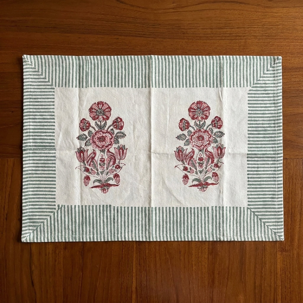 Hand Block Printed Cotton Burgundy & Charcoal Floral Bouquet 13 Pieces Table Linen Set