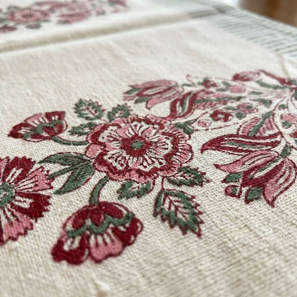 Hand Block Printed Cotton Burgundy & Charcoal Floral Bouquet 13 Pieces Table Linen Set — House of Avana, view 2 of 13