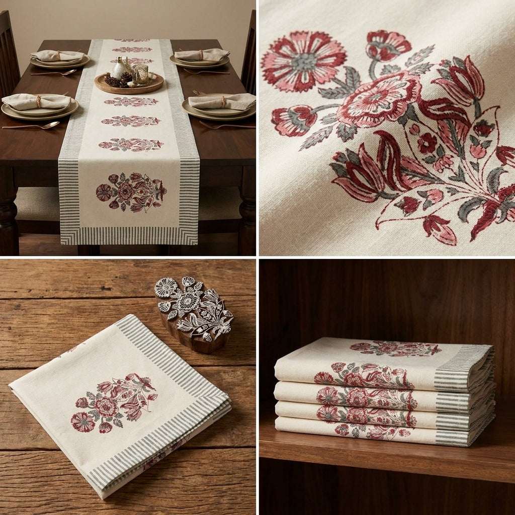 Hand Block Printed Cotton Burgundy & Charcoal Floral Bouquet 13 Pieces Table Linen Set — House of Avana, view 3 of 13