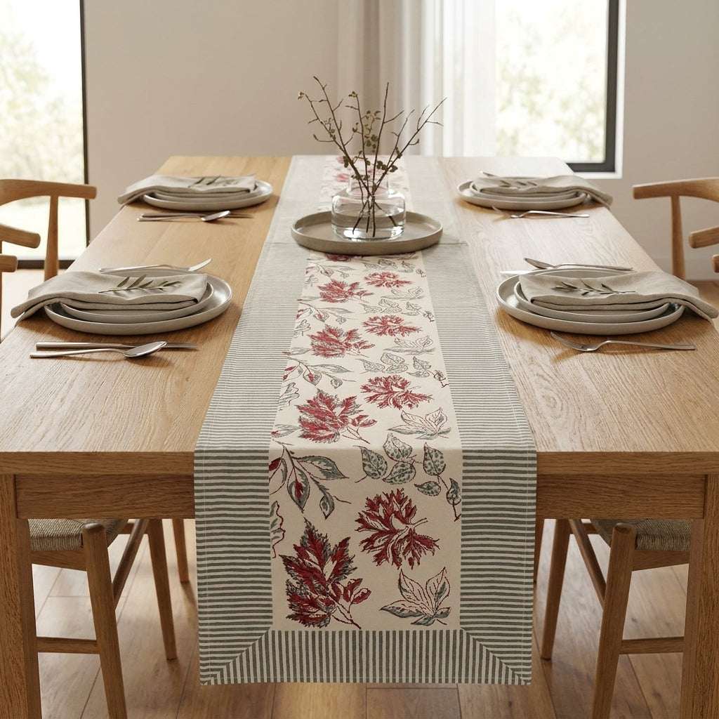 Burgundy & Slate Blue Autumn Leaf Table Linen Set – 13 Piece | Hand Block Printed Cotton | Runner, Placemats & — House of Avana, view 1 of 12
