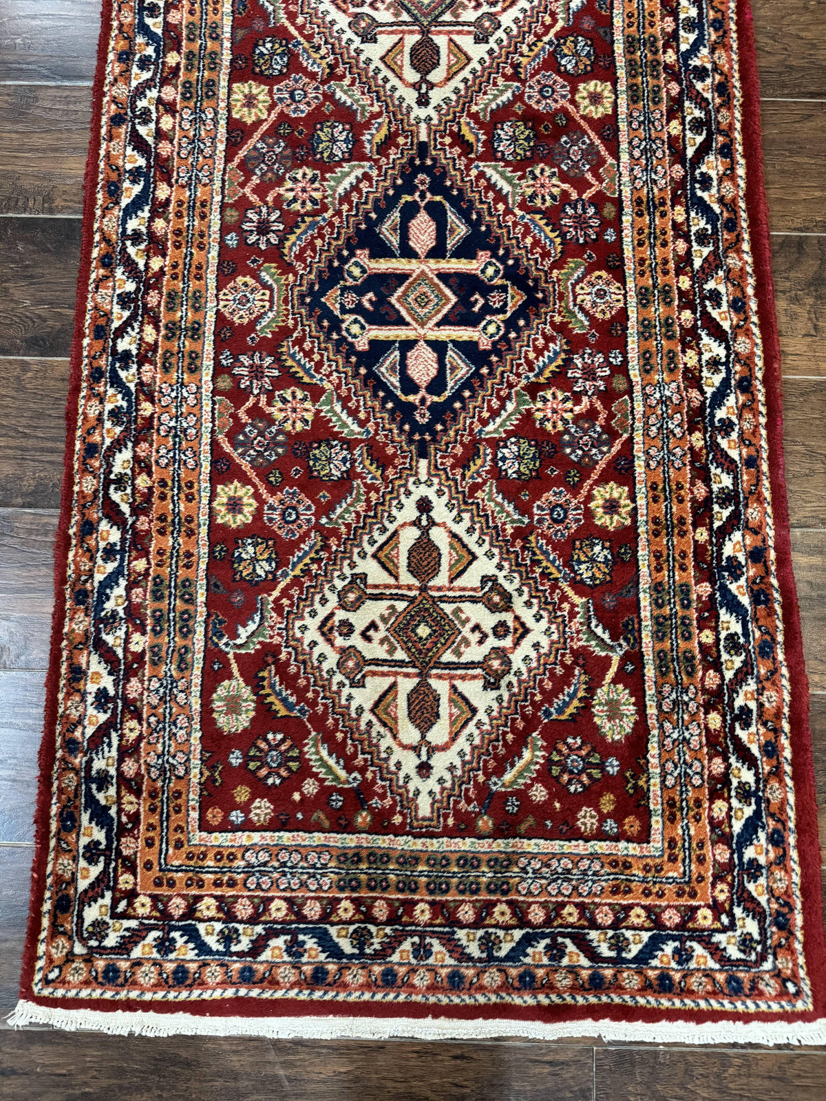 Antique Persian Qashqai Runner Rug 3 x 13 ft, Tribal Runner, Geometric Medallions, Red Ivory Blue, Wool - Jewel Rugs, view 9
