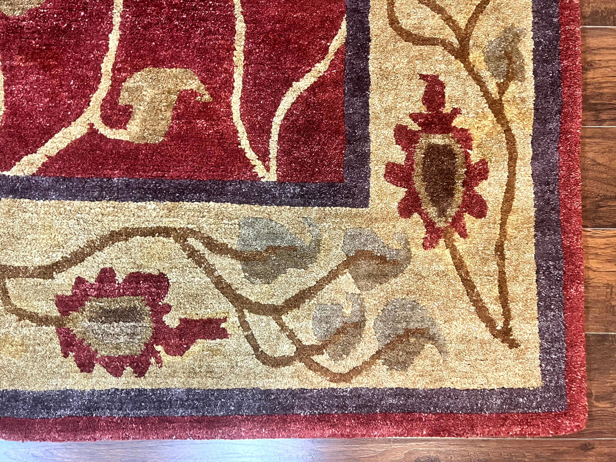 Tibetan Aubusson Rug 8x10, Maroon and Beige, Floral, Handmade, Wool, Vintage, Traditional Rug - Jewel Rugs, view 9