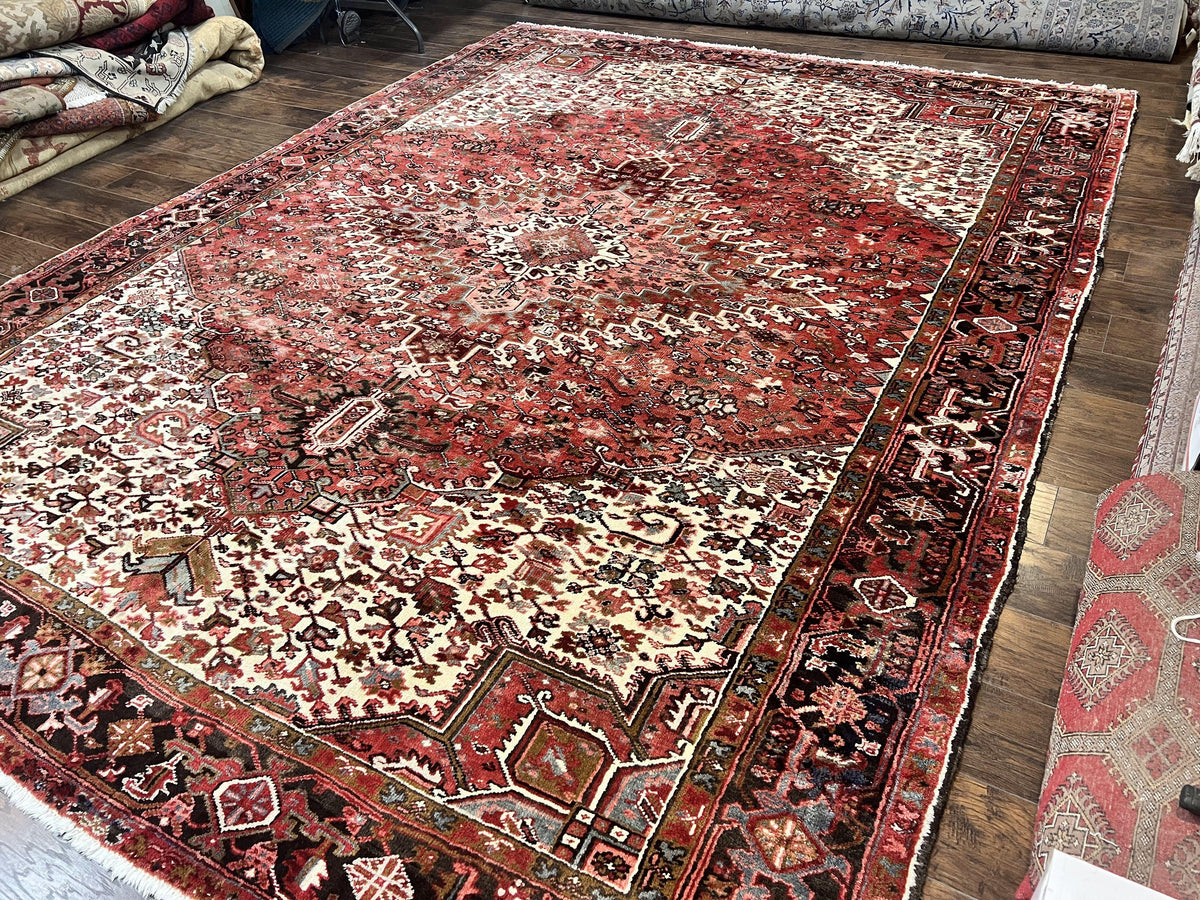 Large Persian Heriz Rug 10x13, Red and Cream Geometric Tribal Room Sized Handmade Wool Hand Knotted Semi Antique Decorative Oriental Carpet - Jewel Rugs, view 3