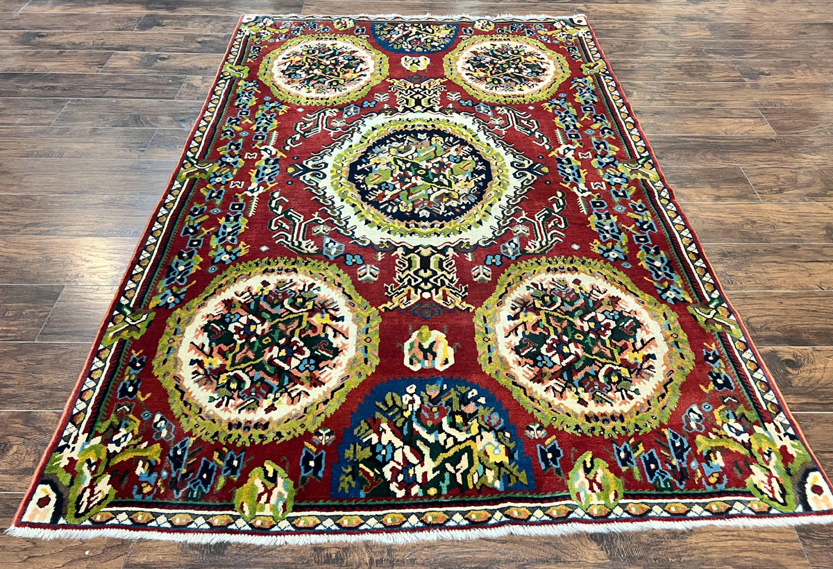 Persian Bakhtiari Rug 5x8, Wool Hand Knotted Antique Carpet, Red, Floral Oriental Rug, 5 x 8 Medium Sized Rug - Jewel Rugs, view 2