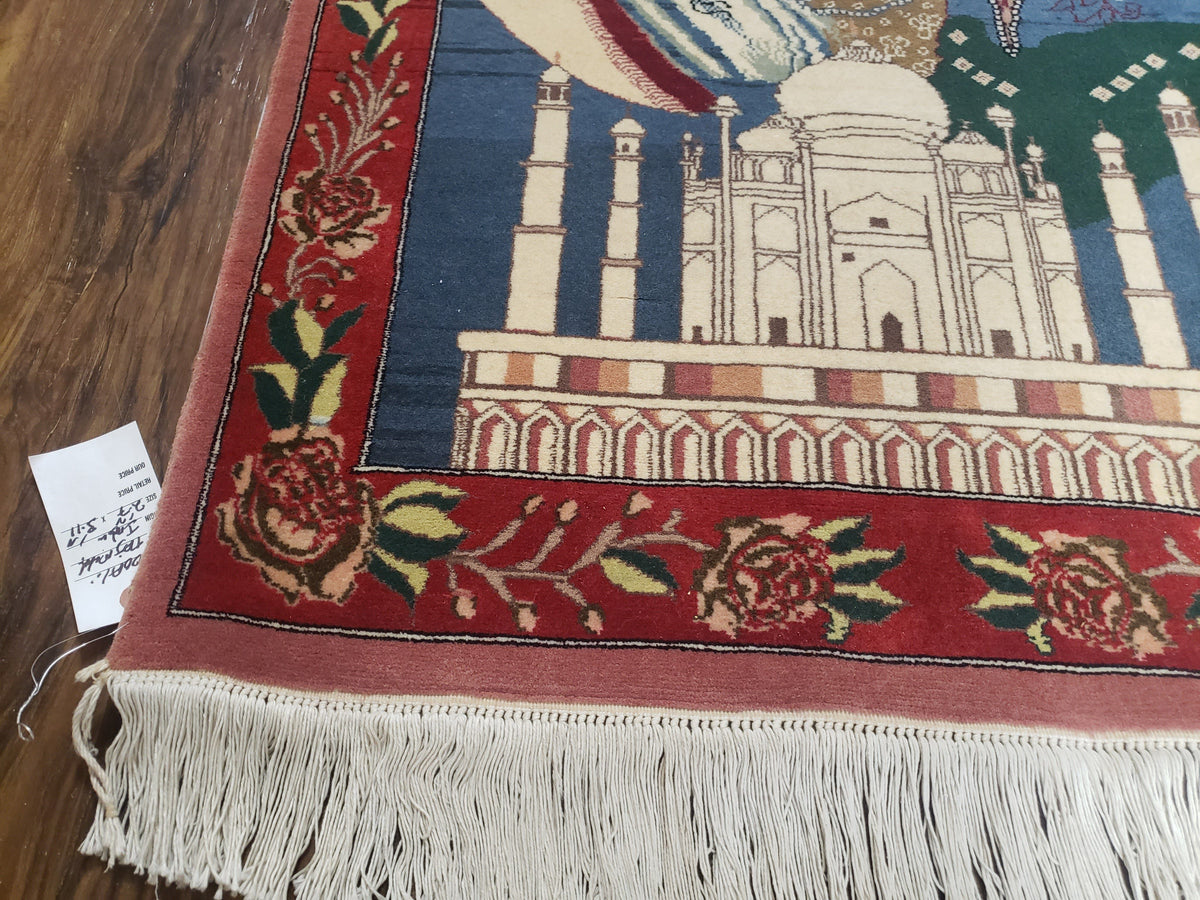 Vintage Small Pictorial Lovers Rug 2.5 x 4, Taj Mahal Indo Persian Rug, Wool Hand-Knotted Indian Rug, King & Queen, Layla and Majnun - Jewel Rugs, view 9