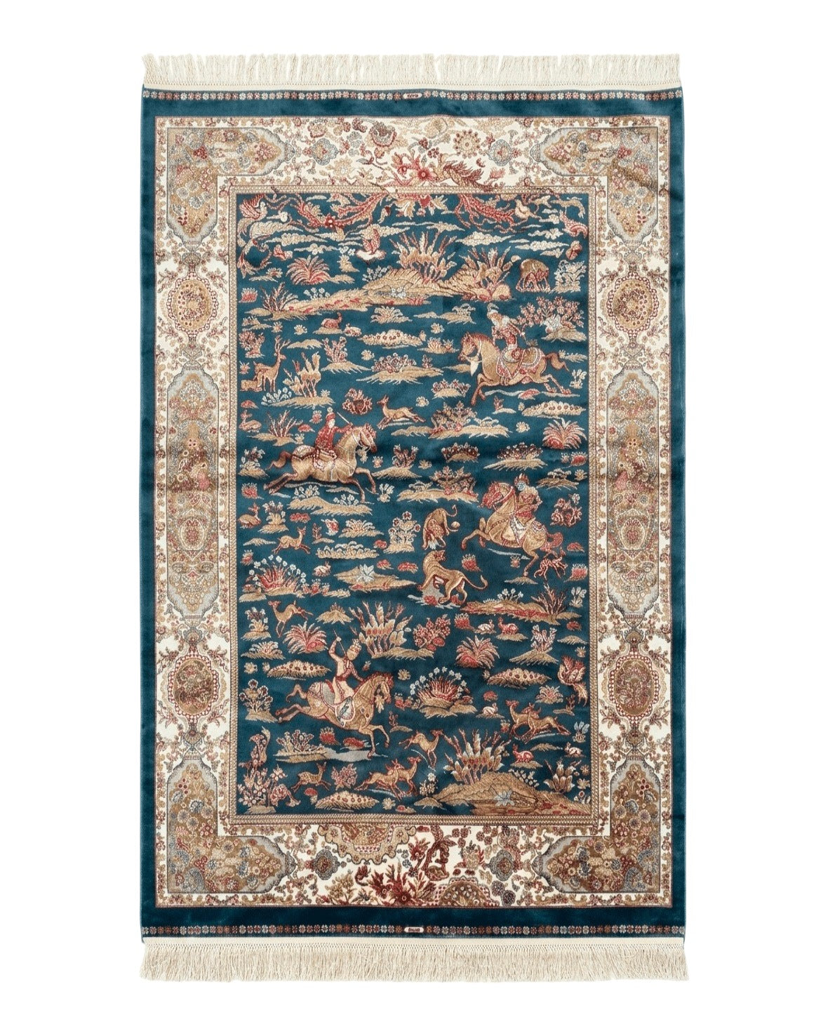 Turkish Silk Hunting Design Rug 4x6, Dark Steel Blue & Ivory, Bamboo Silk, New - Jewel Rugs