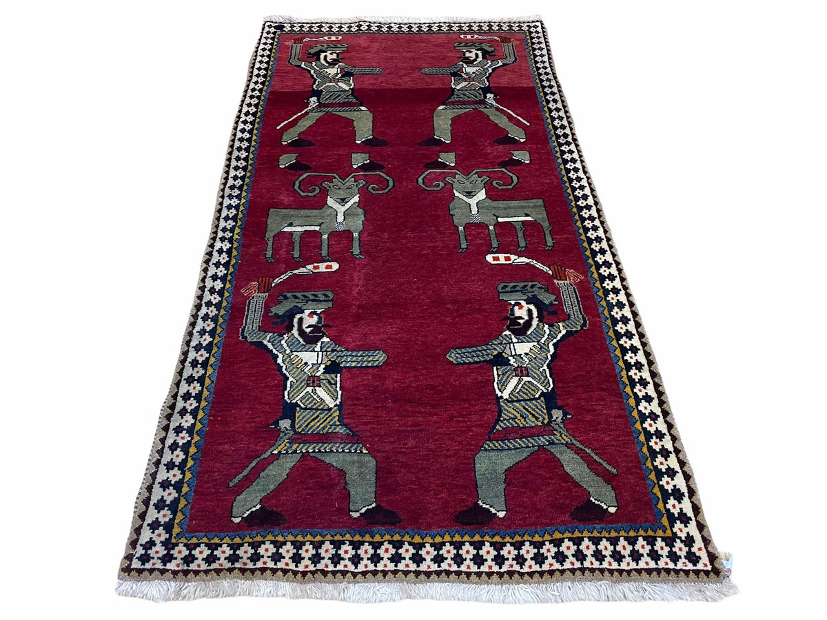 3 X 6 Handmade Wool Rug Tribal Balouch Warriors Deer Animal Pictorial Red Swords - Jewel Rugs, view 2