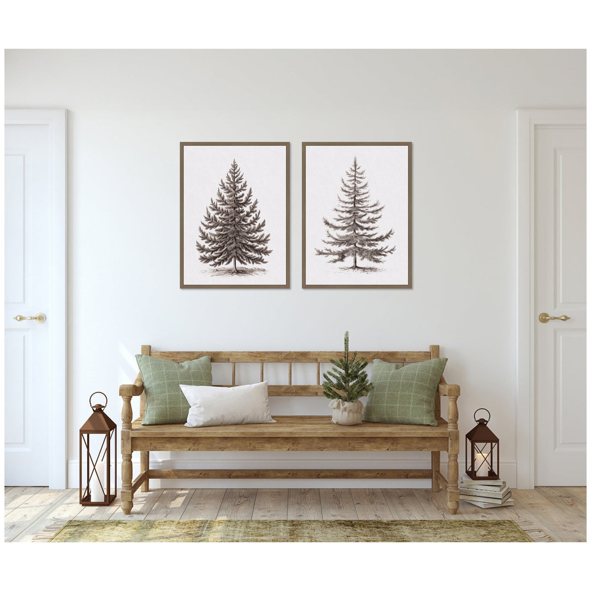 Sylvie Vintage Evergreen Fir Tree - 2 Piece Framed Canvas Art Set by The Creative Bunch Studio