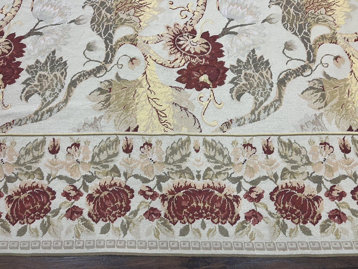 Extra Large Needlepoint Rug 14 x 20, Vintage Handwoven Handmade Wool Flatweave Carpet, Allover Floral Pattern, Elegant European Deisgn Rug - Jewel Rugs, view 5