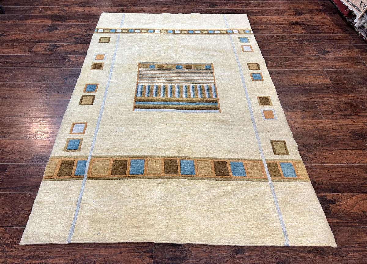Tibetan Rug 5x8, Contemporary Rug 5 x 8 ft, Cream Brown Blue Hand-Knotted Wool w/ Silk Highlights Tibetan Carpet, Modern Rug - Jewel Rugs, view 2