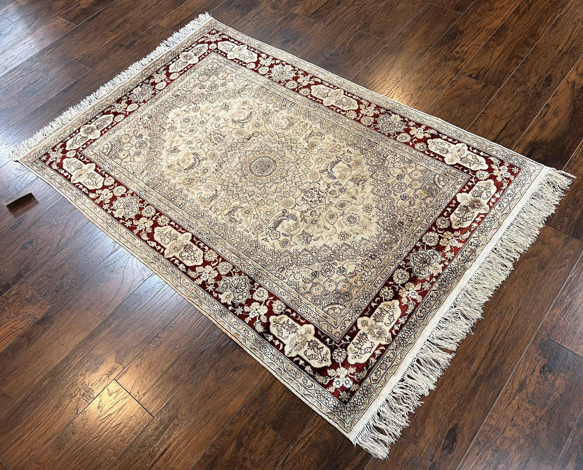 Silk Indian Kashmiri Rug 4x6 ft, Floral Medallion Hand Knotted Handmade Oriental Carpet, Vintage, Cream Burgundy, Very Fine Silk Rug 4 x 6 - Jewel Rugs, view 12