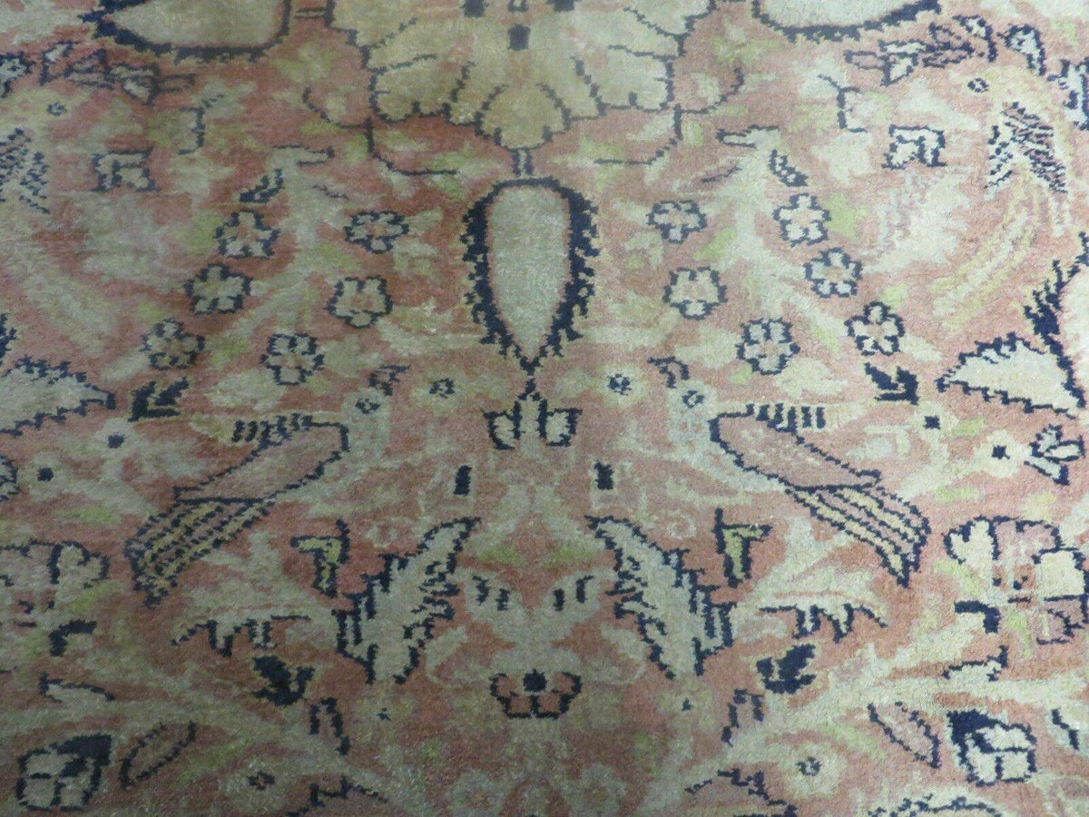 Indian Silk Rug 4x6, Indian Kashmiri Silk Carpet 4 x 6 ft, Vintage Hand Knotted Floral Bird Motifs, Light Pink and Navy Blue, Silk on Cotton - Jewel Rugs, view 12