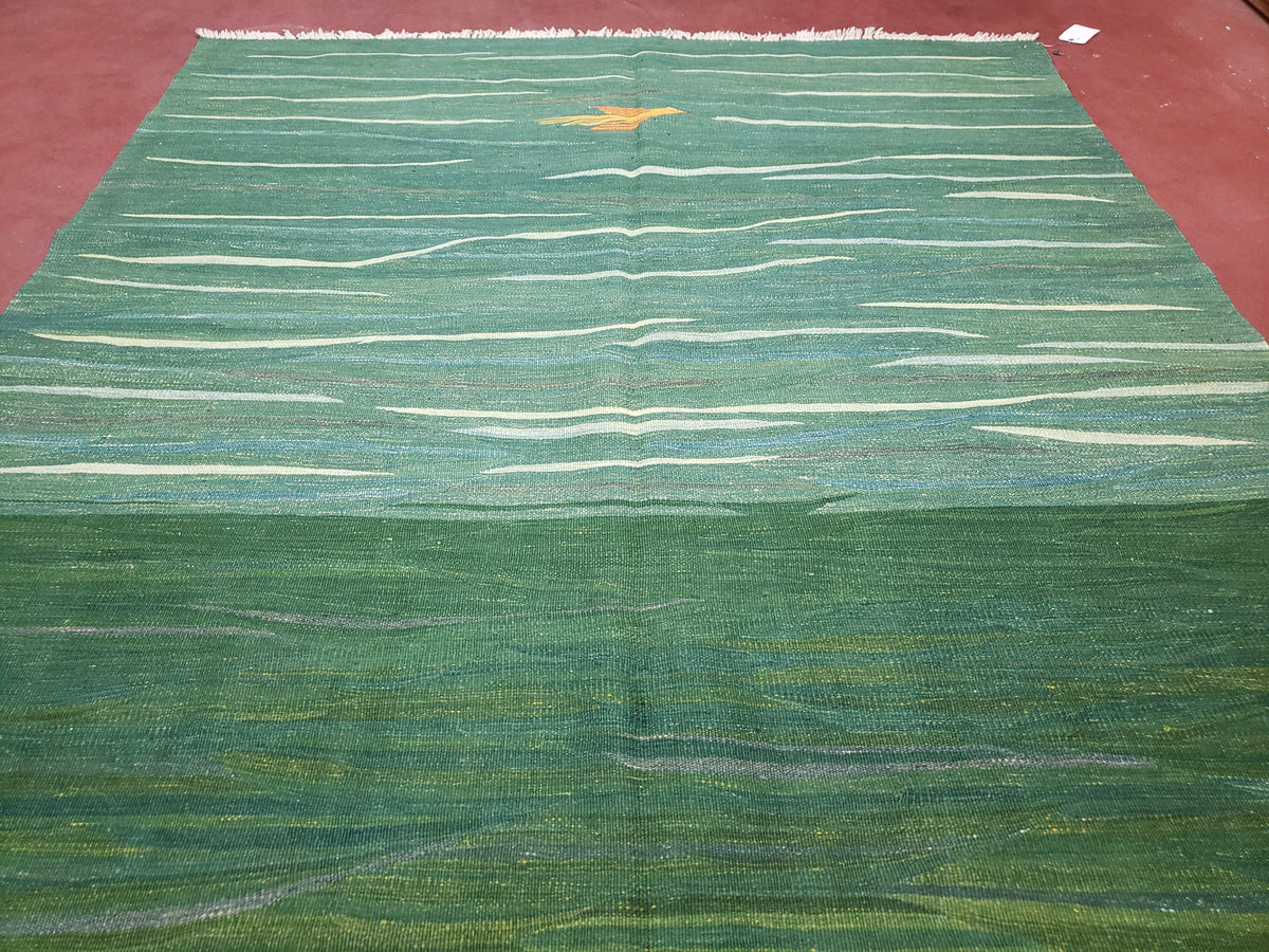 Green Turkish Kilim Rug, 6x9 - 7x10 Rugs, Bird, Handmade New Area Rug, Wool, Bohemian Boho Decor, Hand Woven, Modern Abstract Flat Weave Rug - Jewel Rugs, view 13