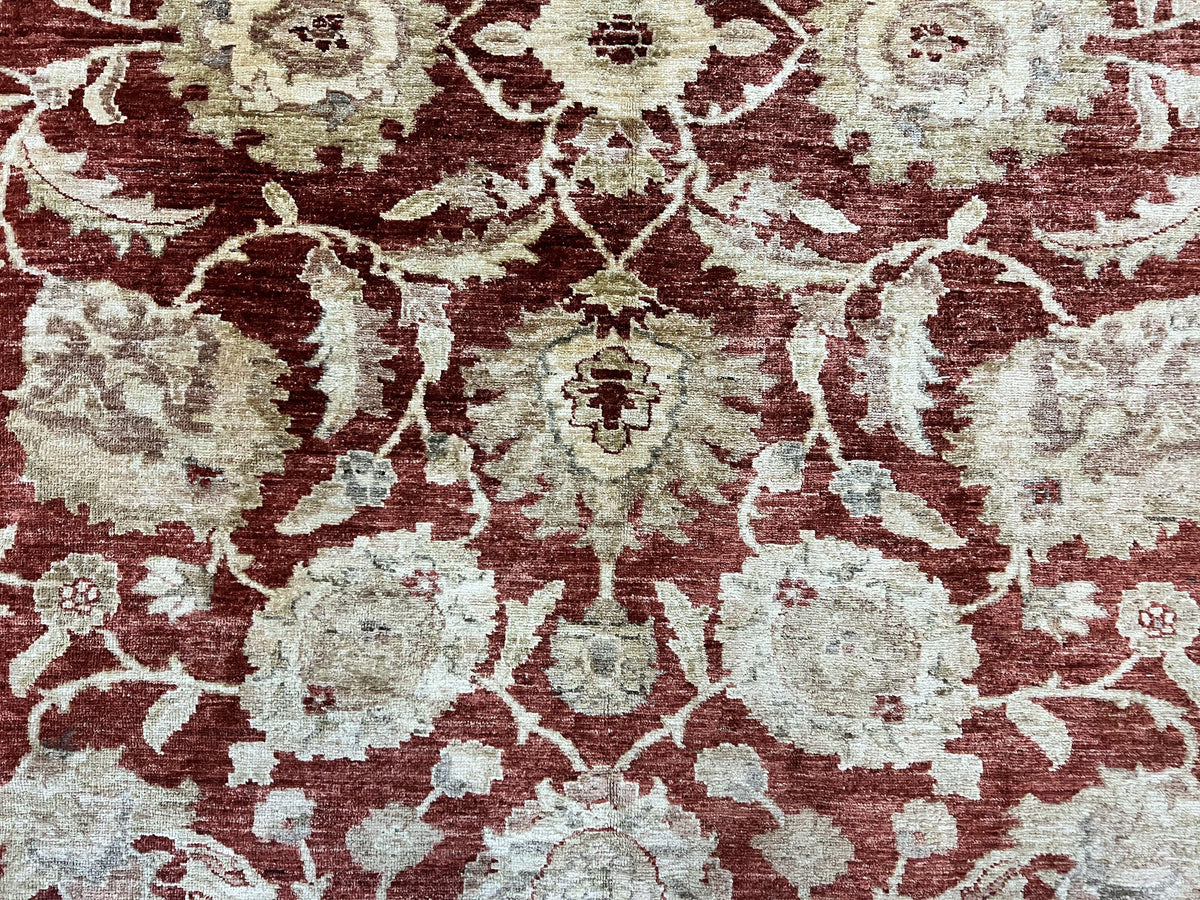 Pak Persian Rug 10x14, Sultanabad Mahal Peshawar Chobi Carpet, Large Vintage Wool Oriental Rug, Maroon & Beige, Floral Allover, Handmade - Jewel Rugs, view 5