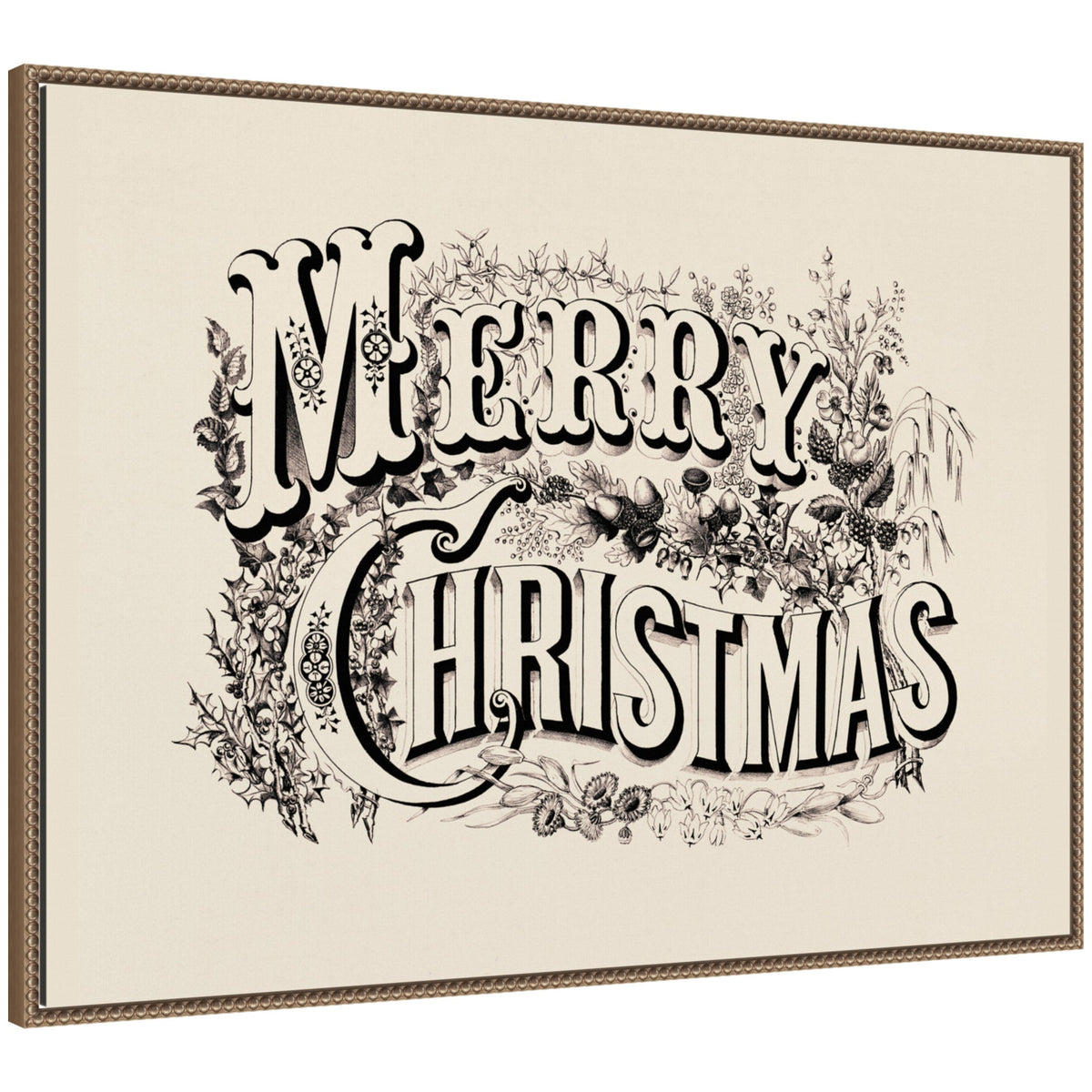 Sylvie Beaded Vintage Merry Christmas Ornate Embellished Typography Framed Canvas by Corinna Buchholz of Piddix