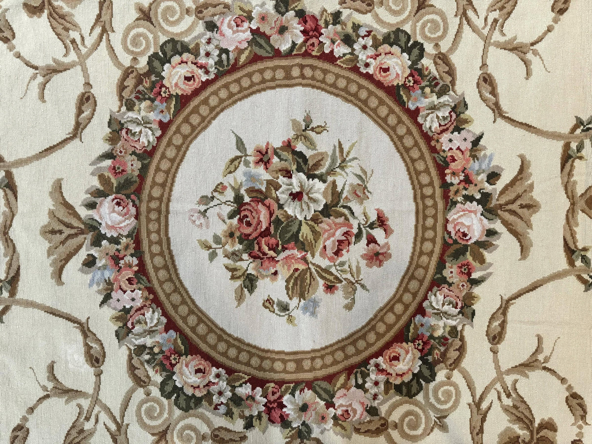 Aubusson Needlepoint Rug 9x11, Handmade Vintage Wool Flatweave Carpet, Elegant European Rug, Floral, Cream - Jewel Rugs, view 5