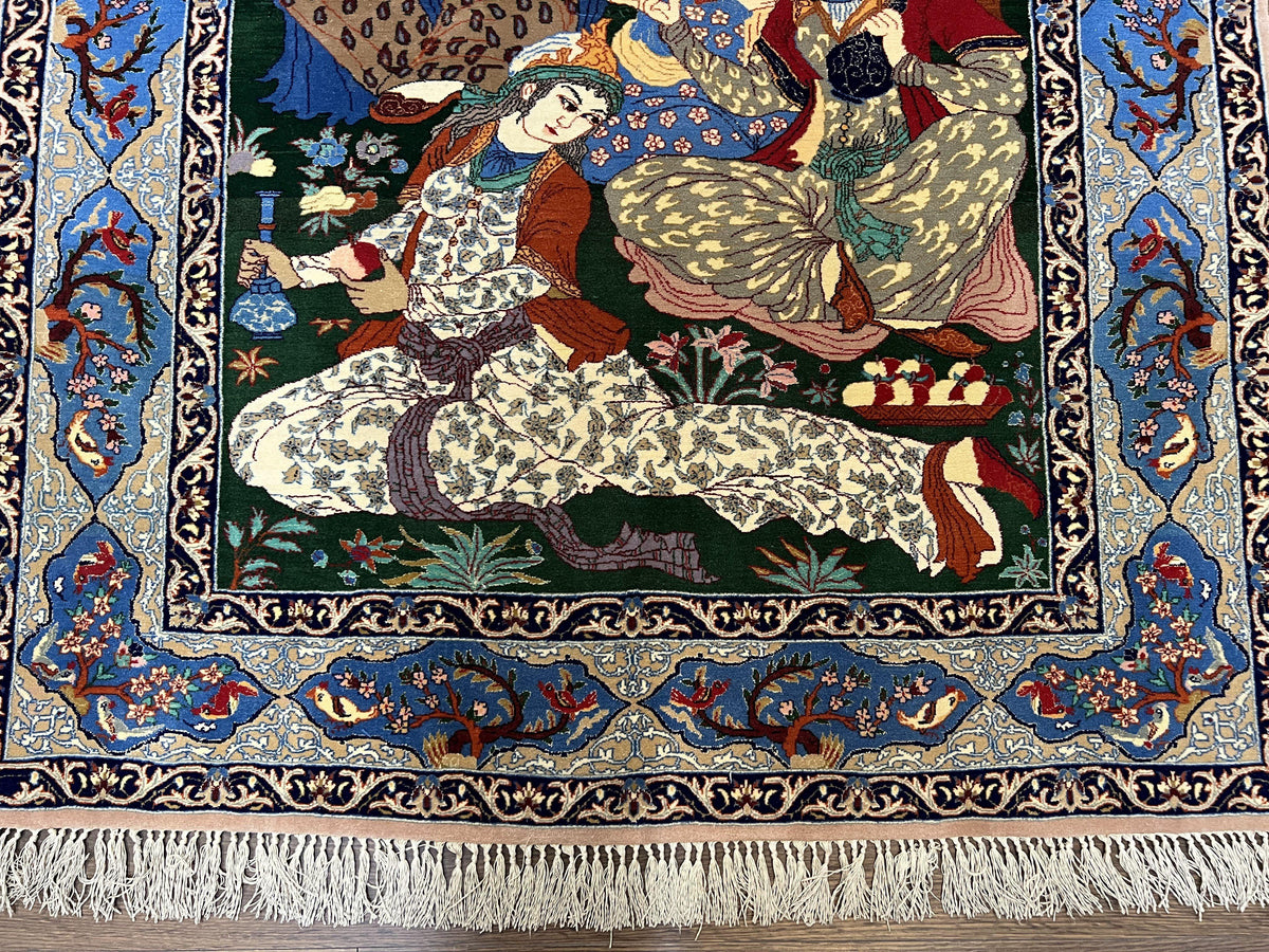Fine Persian Isfahan Pictorial Rug 3.7 x 5, Kork Wool on Silk Foundation, Blue Persian Carpet, Hand Knotted, Humans Birds, High KPSI, Semi Antique - Jewel Rugs, view 6