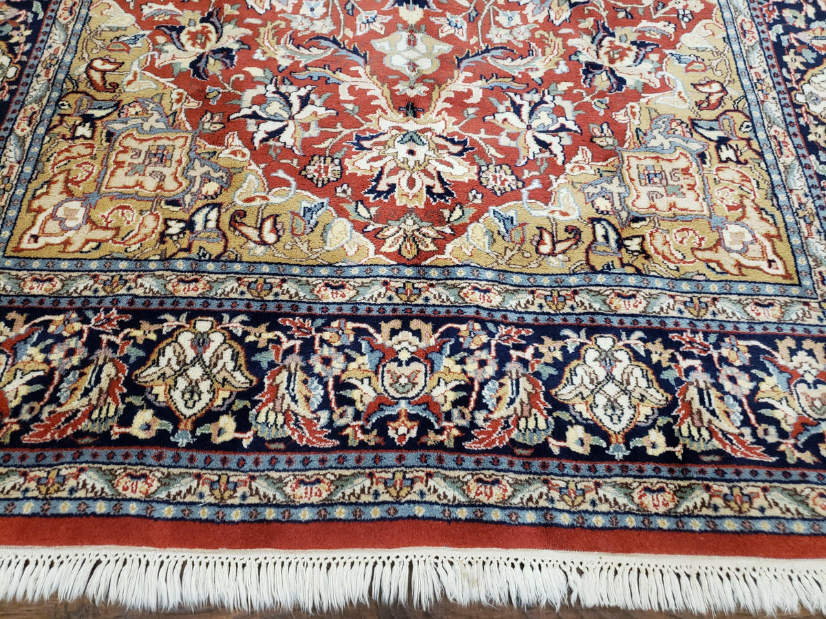 Vintage Indo Persian Oriental Rug 6 x 9.6, Wool Hand-Knotted Red Dark Blue & Gold Indian Carpet, 6 x 9 Office Room Rug, Floral Medallion - Jewel Rugs, view 5