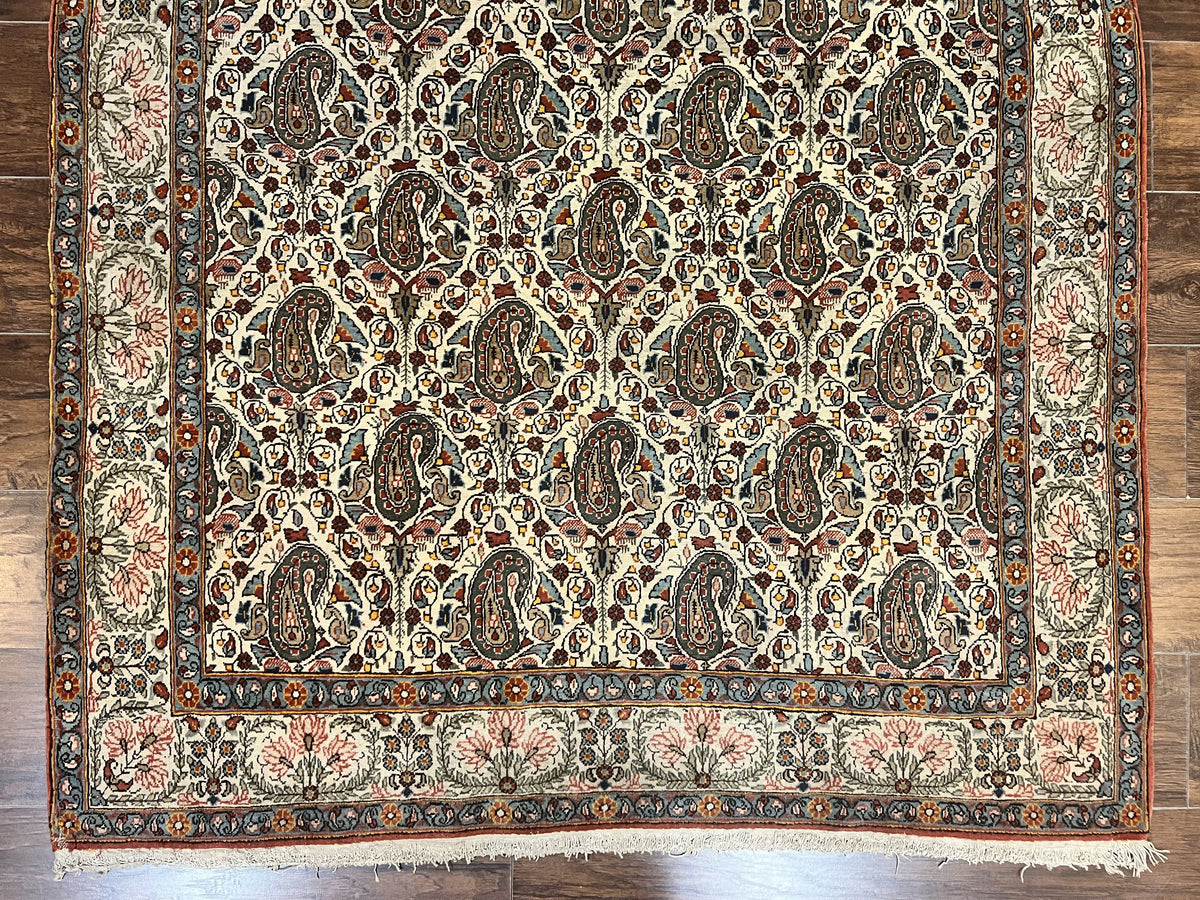Persian Qum Rug 5x6, Cream Wool Hand Knotted Carpet, Repeated Boteh Paisely Design, Semi Antique Vintage Rug, Very Fine Weave 5 x 6 Rug - Jewel Rugs, view 5