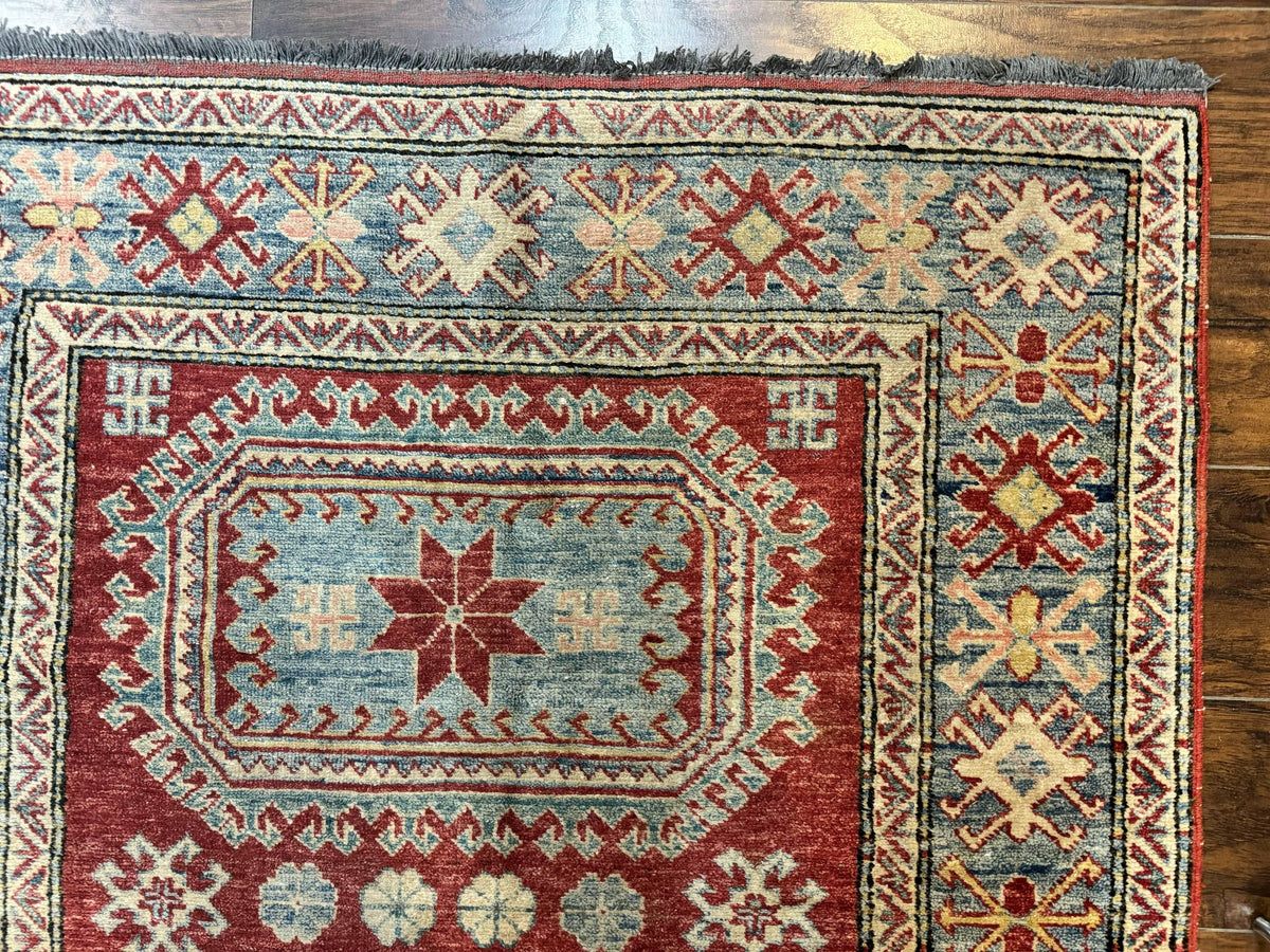 Turkish Kazak Rug 4x6, Handmade Vintage Wool Carpet, Geometric Design, Red and Light Blue - Jewel Rugs, view 8