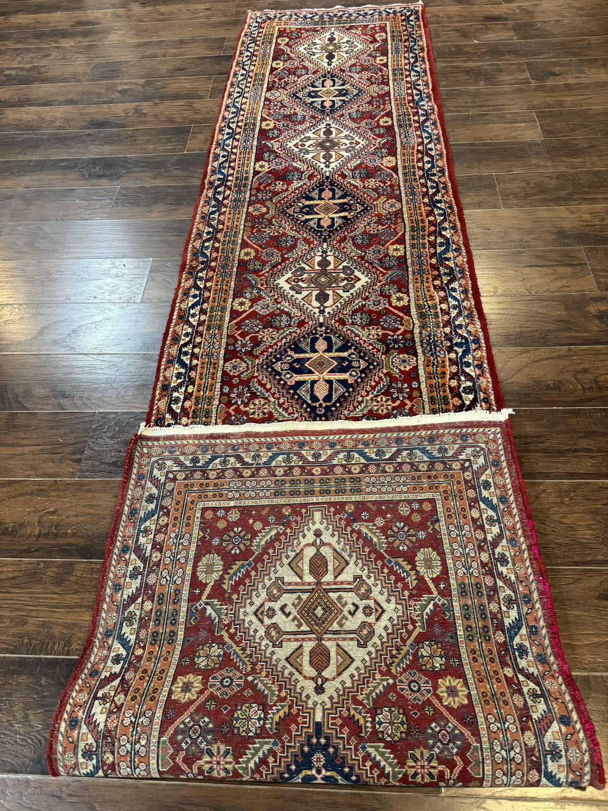 Antique Persian Qashqai Runner Rug 3 x 13 ft, Tribal Runner, Geometric Medallions, Red Ivory Blue, Wool - Jewel Rugs, view 11