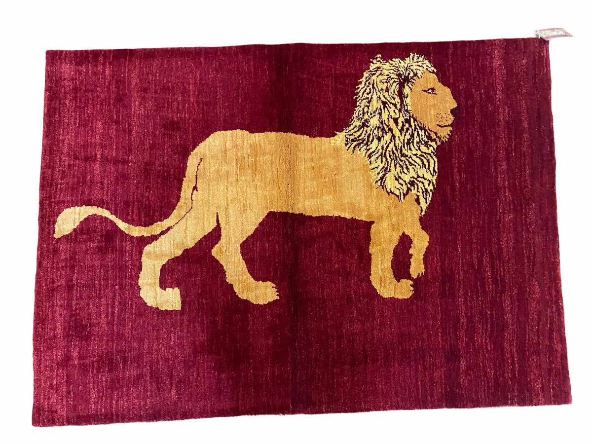 3.5 X 5 Handmade Rug Vintage New Rug Quality Wool Lion Red Veggy Dyes Pictorial - Jewel Rugs, view 2