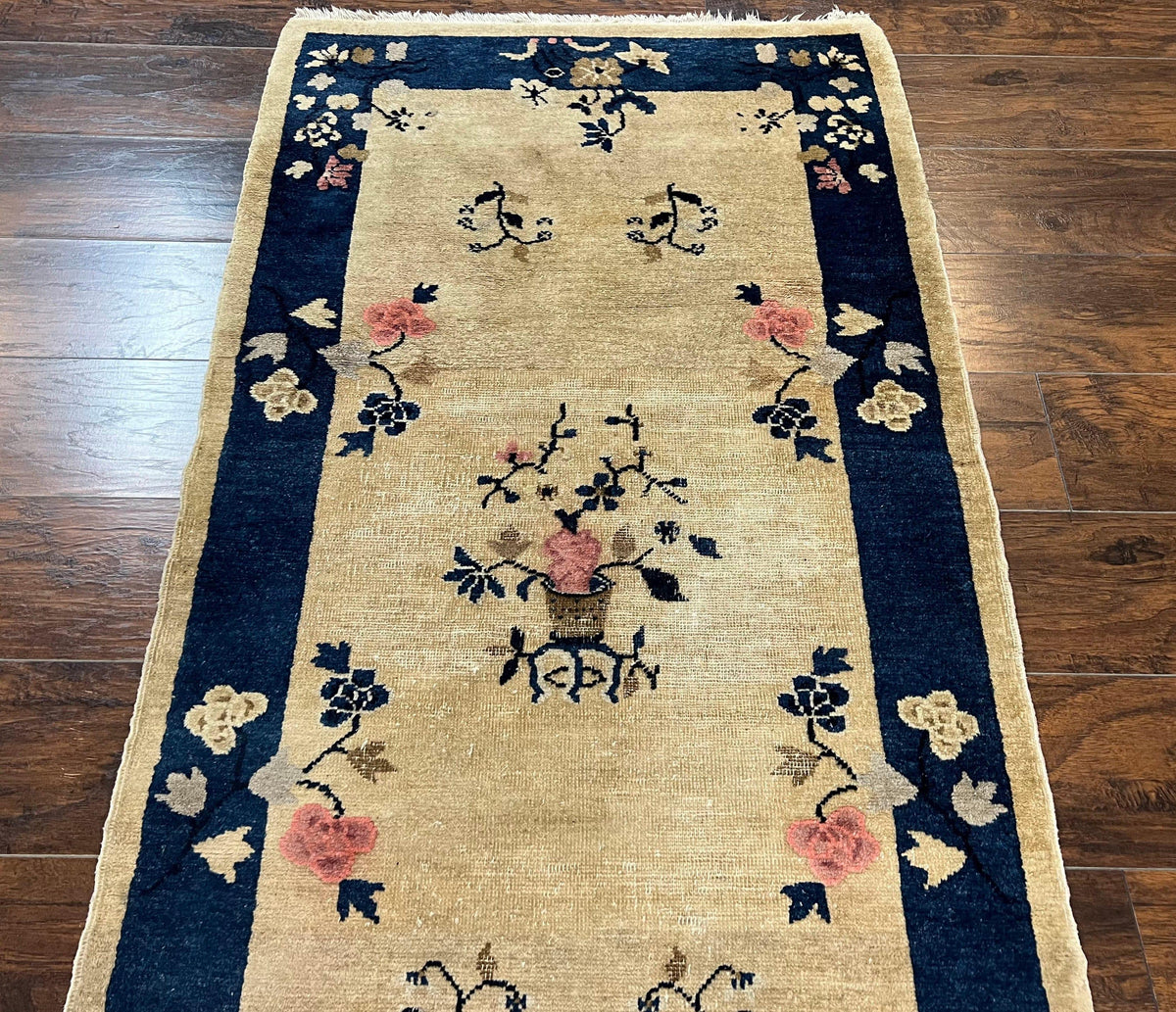 Antique Chinese Peking Rug 3x6, Beige and Dark Blue Hand Knotted Handmade Asian Oriental Carpet, Floral Vases, Vintage Wool Art Deco Rug - Jewel Rugs, view 12