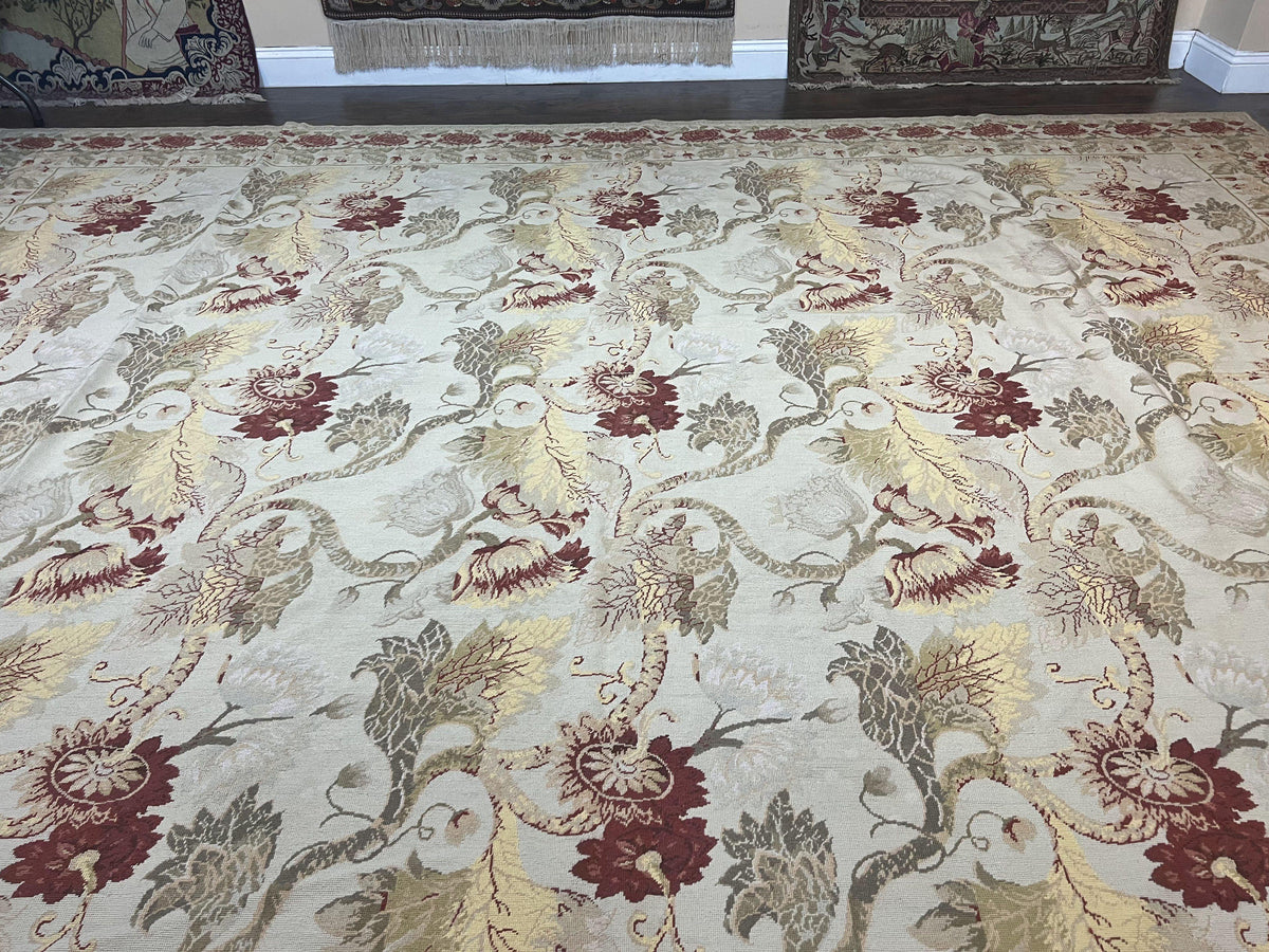 Extra Large Needlepoint Rug 14 x 20, Vintage Handwoven Handmade Wool Flatweave Carpet, Allover Floral Pattern, Elegant European Deisgn Rug - Jewel Rugs, view 3