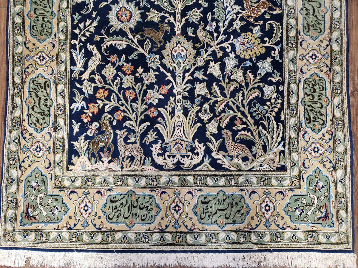 Semi Antique Persian Qum Tree of Life Rug, Hand-Knotted, Wool, Midnight Blue and Tan, Animal Pictorials, Written Poem in Borders, 4' 8" x 7' 8" - Jewel Rugs, view 5