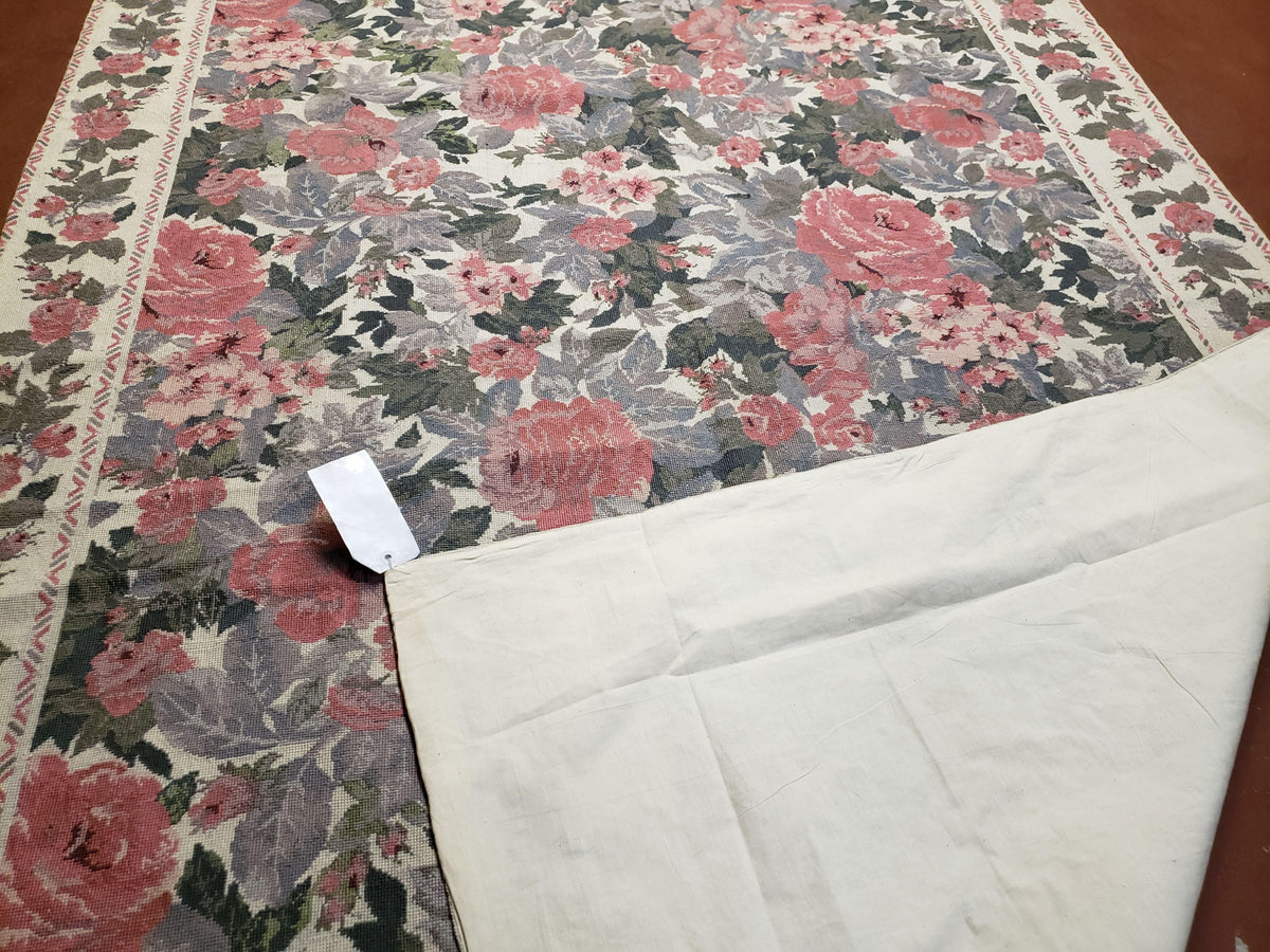 5x8 Needlepoint Rug 5' 4" x 8' 3" Wool Flat Weave Floral New Unused Carpet English Design Ivory Large Pink Flowers Green Leaves Hand-Knotted - Jewel Rugs, view 11