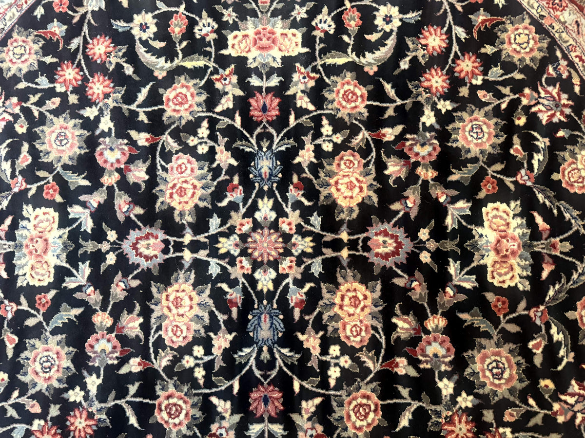 Round Sino Persian Rug 6x6, Floral, Navy Blue and Red, Wool and Silk Highlights - Jewel Rugs, view 4