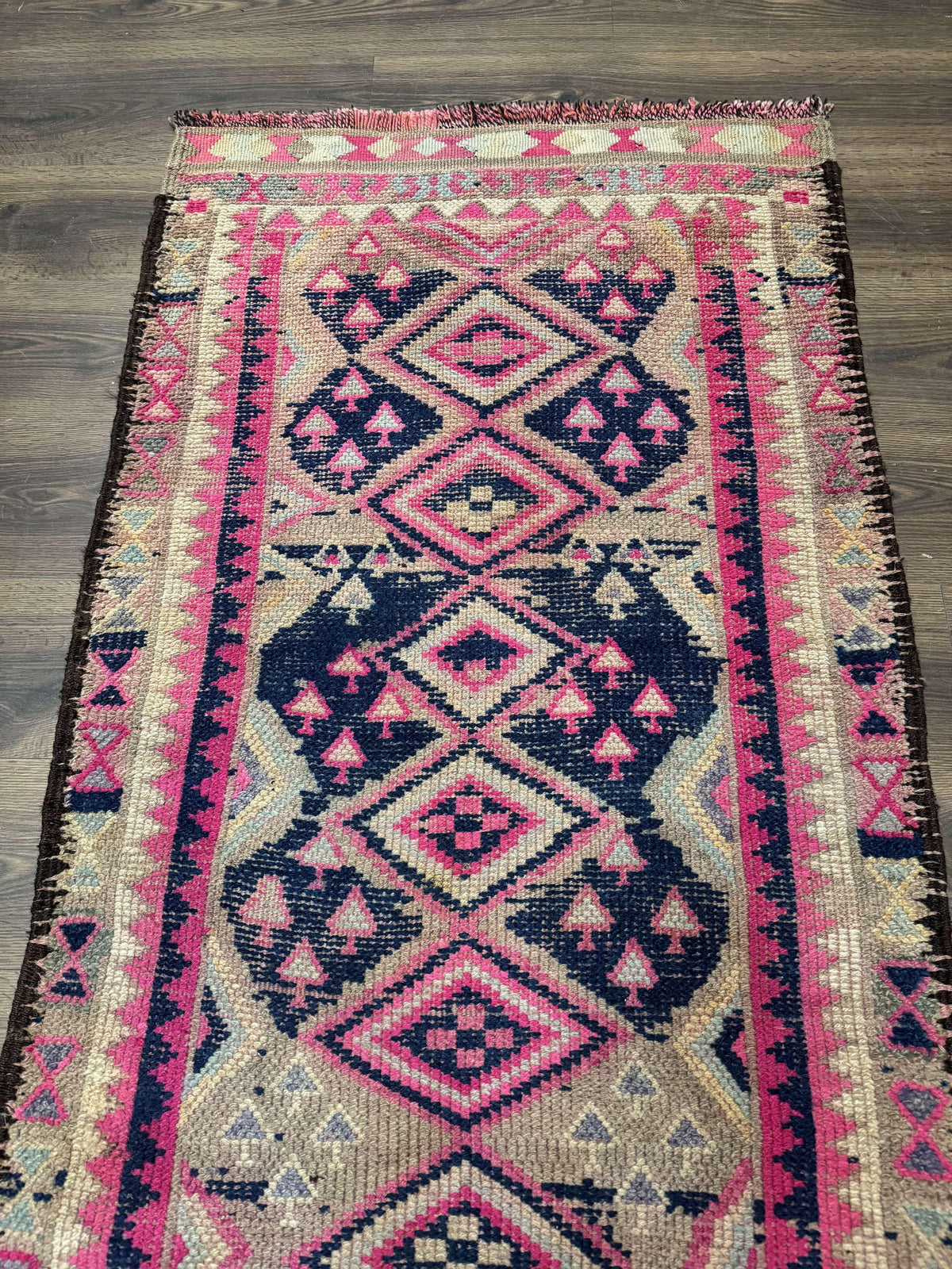Turkish Runner Rug 3x10, Pink and Navy Blue, Bohemian Runner for Hallway or Kitchen, Vintage, Geometric, Tribal - Jewel Rugs, view 13