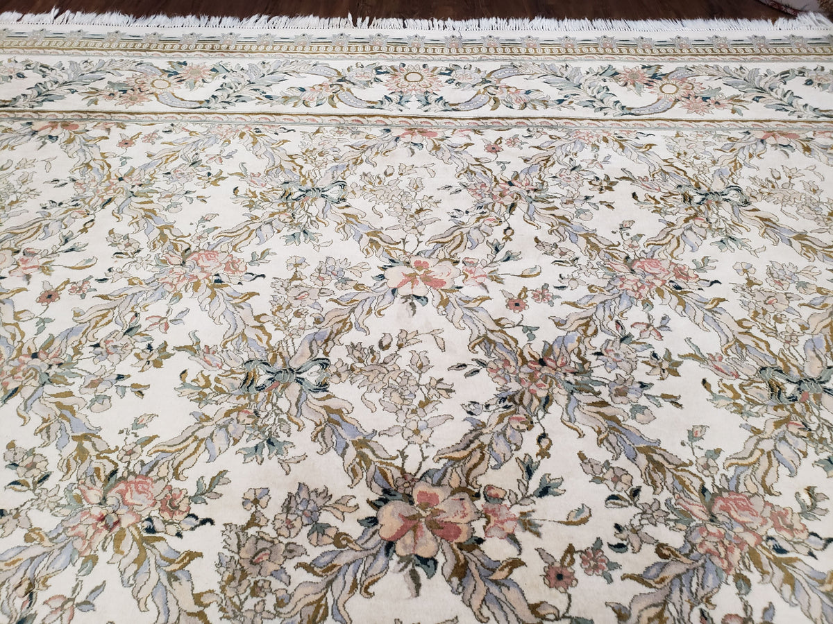 Pak Persian Floral Rug 11 x 12.6, Ivory, Very Fine, Hand Knotted - Jewel Rugs, view 4