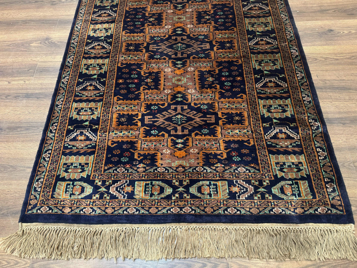 Vintage Afghan Rug 4x6, Navy Blue and Light Brown, Geometric Medallions, Wool on Wool, Tribal Rug - Jewel Rugs, view 6