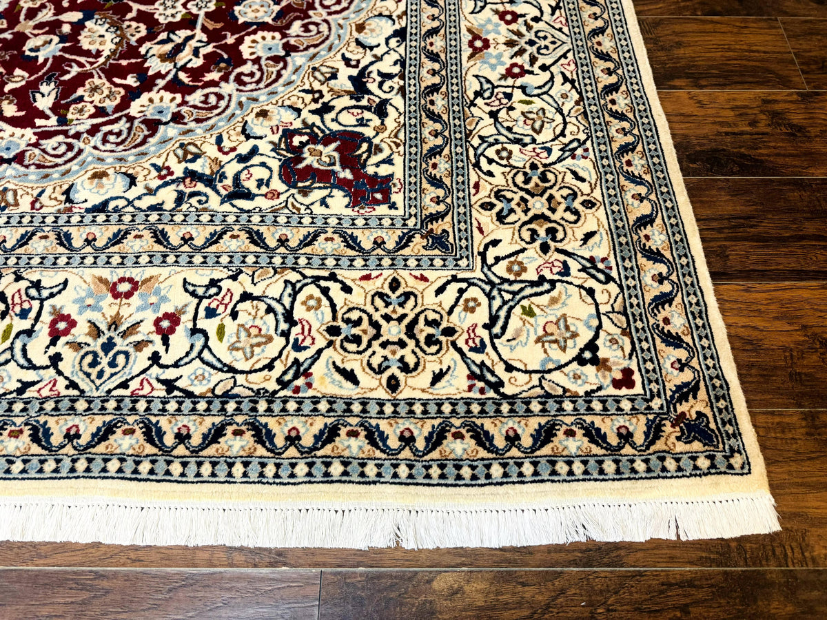 Persian Nain Rug 8x11, Wool and Silk Highlights, Burgundy & Ivory - Jewel Rugs, view 10