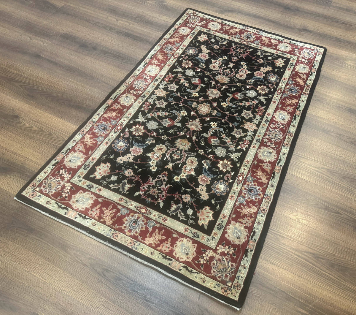 Black Sino Persian Rug 3x5, Wool with Silk Highlights, Floral, Fine 170 KPSI - Jewel Rugs, view 13