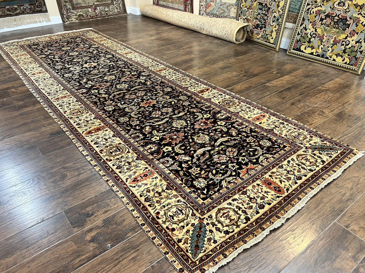 Indo Persian Rug 5x15, Wide Runner Rug 5 x 15 ft, Wool Hand Knotted Vintage Carpet, Black & Cream, Floral Allover Long Oriental Rug - Jewel Rugs, view 12
