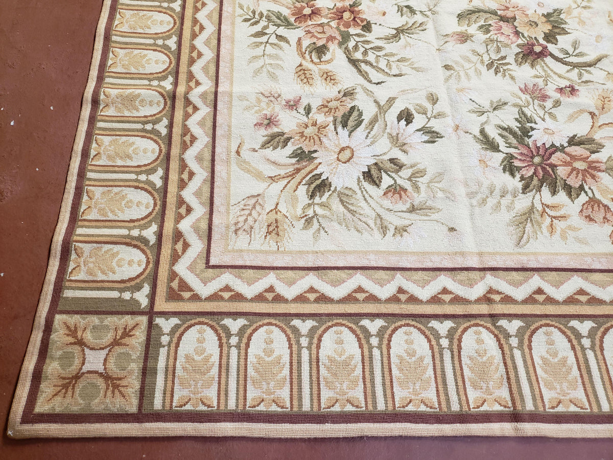 Needlepoint Rug 8x10 Aubusson Rug Victorian Floral Rug Handmade French Style French Decor Garden Panel Beige 8 x 10 Area Rug 100% Wool - Jewel Rugs, view 8
